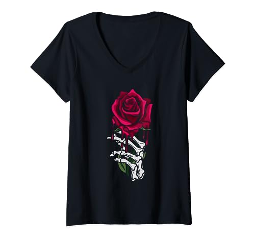 Esqueleto Mano Sangrando Rosa Roja Flor Camiseta Cuello V