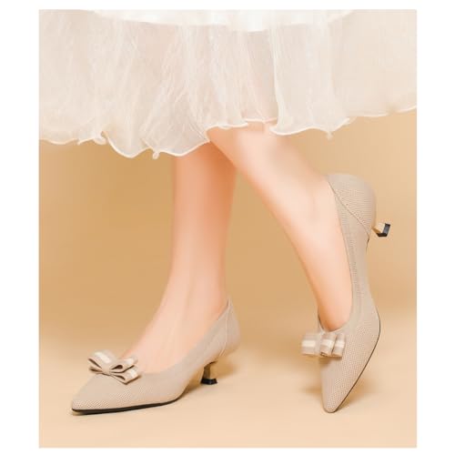 Women's Knitted Kitten Low Heels with Bow Pointed Closed Toe Slip On Comfort Pumps Casual Work Office Dress Shoes4