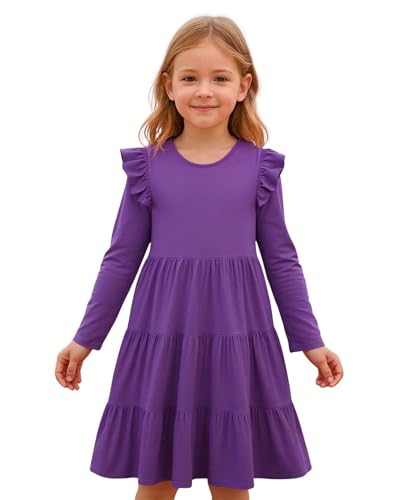 Image of Girl Long Sleeve Dress Ruffle Rainbow Color Block Cotton Casual Tiered Pleated Twirly Dress