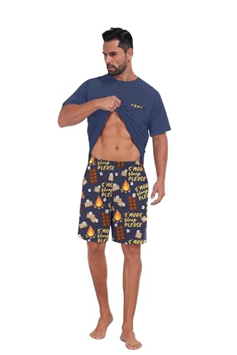 Image of Mens Pajamas Set Lightweight Summer Pjs Sleepwear Quick Dry Soft Comfy Short Sleeve Blue Choc Print With Pocket (S-4X)