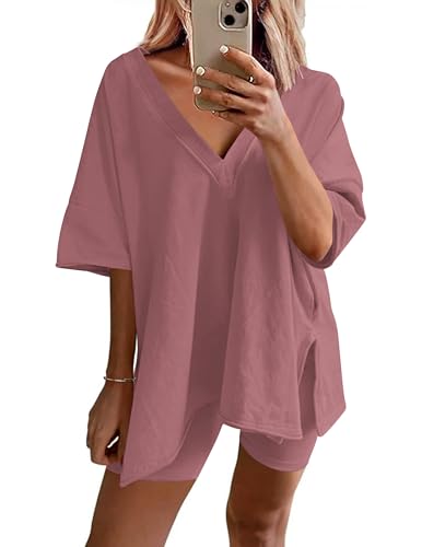 Image of Ekouaer Womens Pajamas 2 Piece Lounge Sets Oversized V Neck T-Shirts Tops Biker Shorts Set Workout Reversible Tracksuit S-XXL