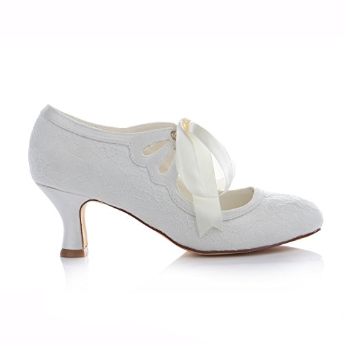 Emily Bridal Wedding Shoes Women's Lace Spool Heel Closed Toe Pumps - Image 4