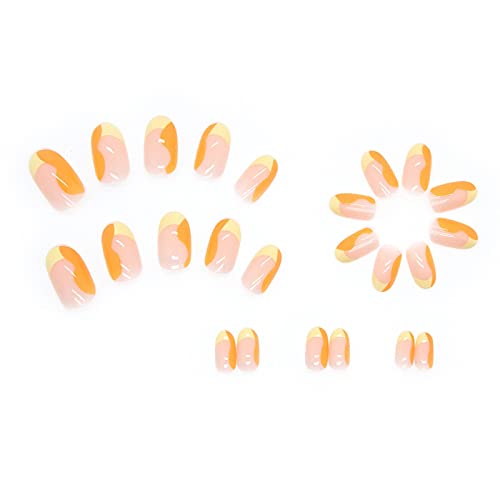 24 Pcs Almond Press On Nails Short Fake Nails Orange French Tip Press On Nails Round Head Two-Color Ripple Stick On Nails Full Cover False Nails Short Acrylic Nails For Women #TOP5