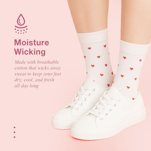 Image of Women's Cute Heart Pattern Crew Socks - 3 Pairs Colorful Novelty Gift Set - Soft Cotton Cozy Socks for Casual Wear