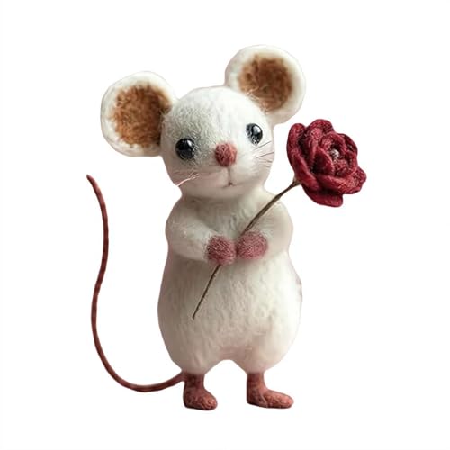 Nadelfilzmaus zum Valentinstag, niedliche charmante Nadelfilz-Mäuse, handgefertigte Wollfilz-Maus hält Rosen, Herz, Filzmaus, Ornamente, Dekoration, romantische Mäuse, Geschenk für Valentinstag