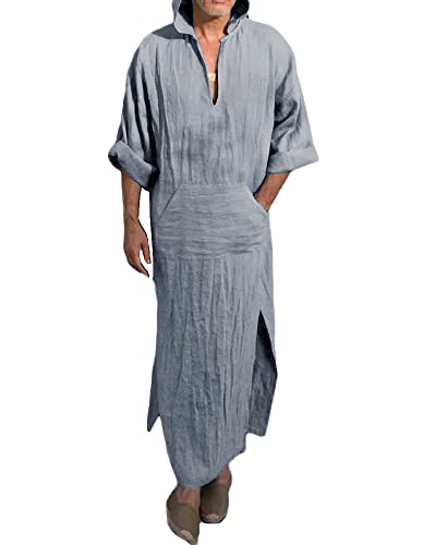 FUERI Herren Leinen Kaftan Ethnisch Robe Nachtwäsche Lässig Locker Loose...