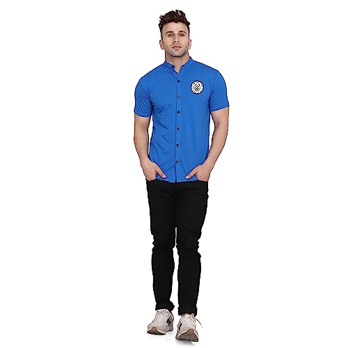 Image of Geum Men's Mandarin Collar Shirt with Graphic Print| Short Sleeve Cotton Blend Slim Fit Casual Shirt for Men
