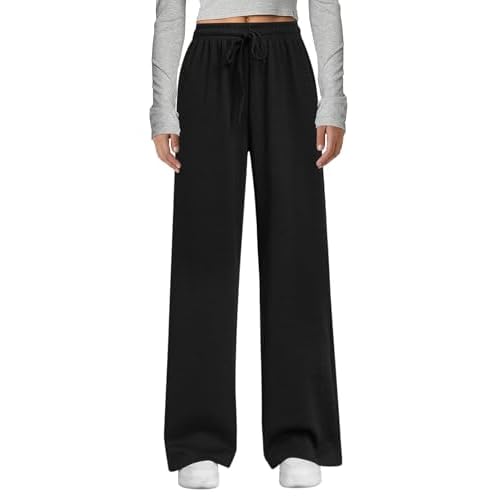 Arolina Fall Pants for Women Soft Lounge Wide Leg Sweat Pants Elastic Waist Mid-Weight Pajama Pants with Pockets S-XXL Black X-Large