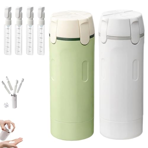 HISKI 4 in 1 Travel Bottles for Toiletries Portable Travel Toiletries Bottle Set Portable Containers for Shampoo Lotion Conditioner Cream Transparent with Scale and Label (White+Green-2PCS)