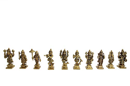 BHARAT HAAT Dashavataram Ten Incarnations Avatars of Lord Vishnu Dashavatara All Avtar Statues Dashavatar Brass Idol Murti for Home Mandir Puja Temple Handicraft Art (3.8 Inch Height, Yellow) BH07149
