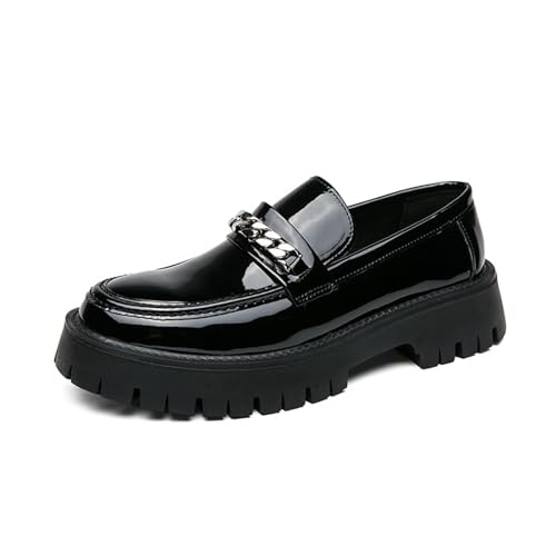 Men's Fashion Patent Leather Loafers Lug Sole Round Toe Platform Comfort Slip On Dress Shoes for Dating Work Prom Wedding