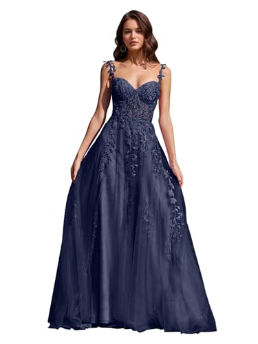 Image of Long Tulle Prom Dresses 2025 V Neck Floral Long Ball Gowns for Women Lace Applique Formal Evening Gowns ACE159