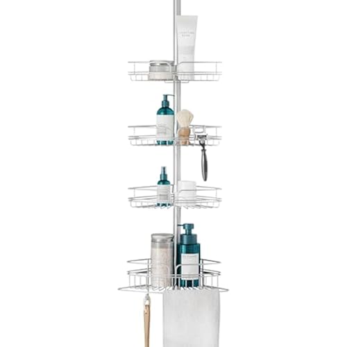 Zenna Home Tension Pole Shower Caddy Corner Organizer, Adjustable Standing Shower Caddy with 4 Baskets and Built in Towel Bar, Rust Resistant Bathroom Tension Rod Organizer, 60 to 97 Inch, Chrome