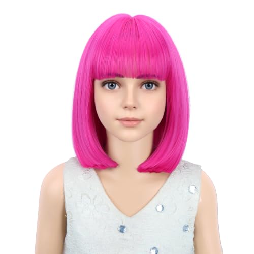 Image of PATTNIUM Hot Pink Wig for Kids Child Short Magenta Bob Wig Neon Pink Wig for Girls Cosplay Party Synthetic Rose Net Wigs