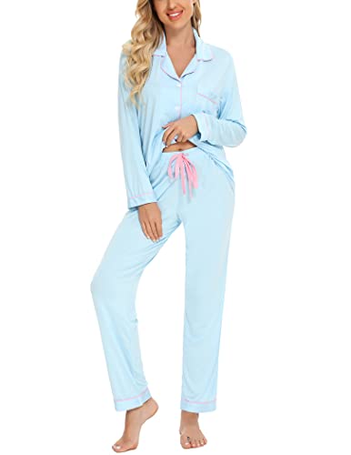 Image of Pjmlifecoco Pajamas Set Long Sleeve Womens Button Down Sleepwear Two Piece Nightwear Soft Pj Lounge Sets S-XXL
