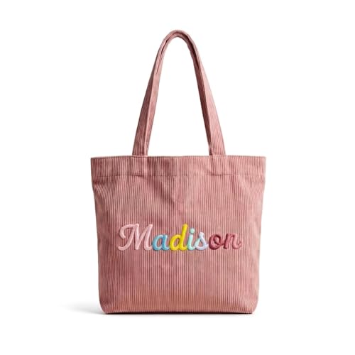 Bolso personalizado de pana, bolso casual de hombro con patrones personalizados de nombre/letras. Bolso de viaje de algodón duradero, regalo ideal para damas de honor, maestros y para Navidad, cumpleaños o luna de miel. miniatura 4