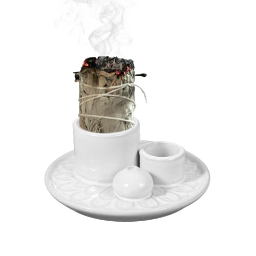 sourcing map Quemador de incienso, 4 en 1, soporte de incienso de cerámica, soporte para santo, recogedor de cenizas y portavelas, cuenco decorativo para meditación, aromaterapia, yoga, color blanco