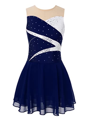 iiniim Maillot Vestido de Patinaje Niña Vestido de Ballet Malla sin Mangas Danza Patinaje con Diamante Brillante Ropa de Baile Fiesta Actuación D Azul Oscuro D 12 años