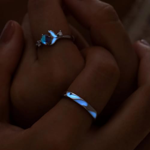 Glowing Band Moonstone Silver Couple Matching Promise Rings for Couples, Women, Men, Him, Her Set of 2 - Adjustable, Gift Wrap3