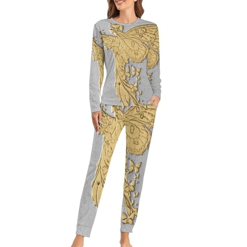 Ensemble de pyjama femme feuille d'or t-shirt manches longues pantalon sleepwear nuit