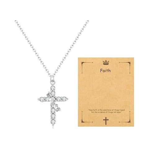 Taouzi Crown Cross Necklace for Women 14K Platinum Plated Cross Necklace with Crown Rotated Pendant Cubic Zirconia Diamond Faith Jewelry Christmas Valentine's Day Easter Birthday Gifts for Women (Silvery) Cover