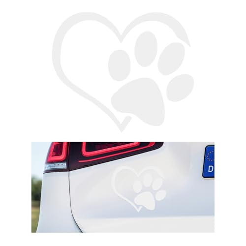 Image of DXNQ Pet Dog Paw Puppy Love Heart Vinyl Decal, 4.6 inch 3.7 inch Heart with Dog Paw Print Reflective Bumper Sticker, Cute Waterproof Puppy Footprint Heart Decal for Window Laptop Wall (White)