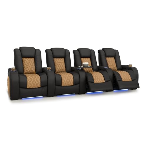 Image of Seatcraft Diamante Black /Tan Oak Italian Leather Home Theater Seating, Zero Gravity Power Recliner, Gaming and Home Office Chair, Powered Headrest Furniture for Family Cinema Room, Row of 4