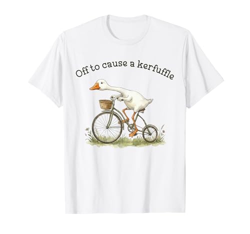 Off to Cause A Kerfuffle Funny Weird Goose Riding Bicycle T-Shirt