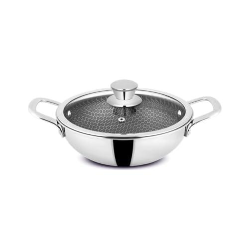 Image of Orange Triply Stainless Steel Honeycomb Non-Stick Deep Kadai /Kadhai with Glass Lid (3.5Ltr, 26cm) | Induction & Gas Stove Capatible | Metal Spoon Friendly | 2.5mm Thickness | 5Year Warranty
