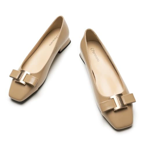 C.Paravano Women's Solid Color Ballet Flats - Elegant Square Toe with Crystal-Embellished Bow | Chunky Low Heel Dressy Flats for Wedding Receptions, Opera Nights & Executive Events(Camel,7)