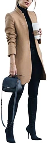 Kwoki Women's Stand Collar Open Front Pea Coat Casual Mid Long Wool Blend Blazer Trench Overcoat Outwear(0181-KhakiX1-S)