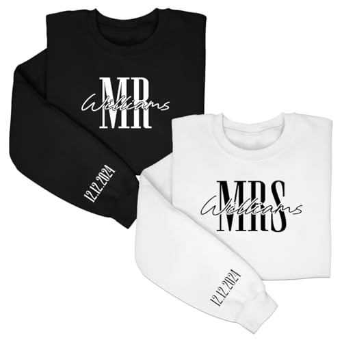 Personalized Mr. And Mrs. Last Name Sweatshirt Custom Last Name with Aniversary Date on Sleeve Matching Sweatshirts For Couples White