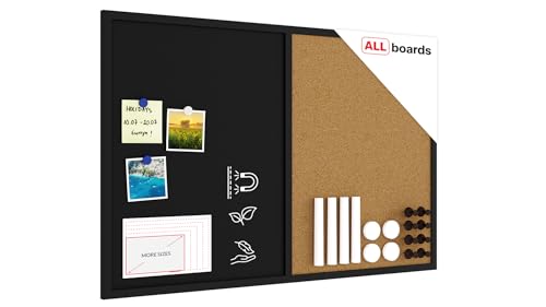 ALLboards Tableau COMBI liège noir/à craie noir magnétique 90x60cm cadre en bois laqué noir