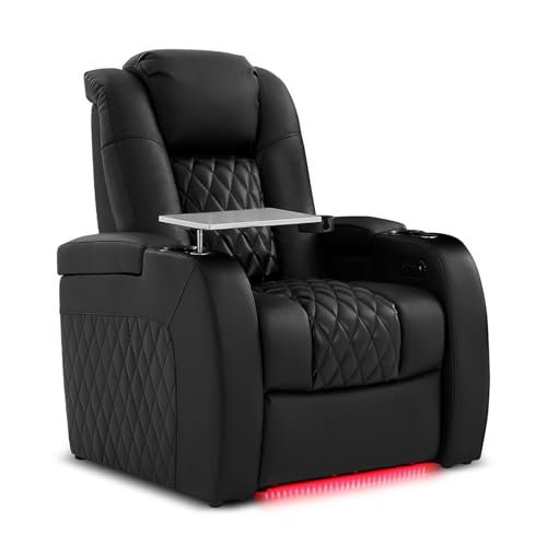 PBRO Home Theater Seating Top Grain Leather Recliner Chair, Movie Theater Chair Sofa with Power Reclining & Headrest USB Charger Ports Ambient Lighting, Black Single Seat for Home