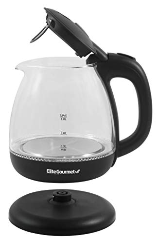 Elite Gourmet EKT1024 1L Electric Glass Tea Kettle, BPA-Free Hot Water Boiler with Blue LED, Fast Boil & Auto Shut-Off, Black