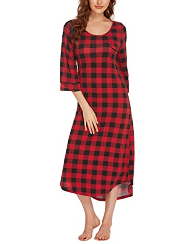 Ekouaer Women's Sleep Dress Long Sleeve Curved Hem Nightgown O-Neck Sleepshirt Knit Pajama Dress With Chest Pocket #TOP1