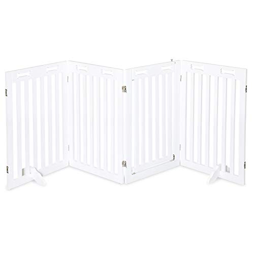 Arf Pets Freestanding Dog Gate With Door, 4 Panel 360° Configurable Wooden White Fence, 80" Wide, 31.5" Tall, Foldable, Set Of Foot Supporters Included, For The House - Indoor Use #TOP1