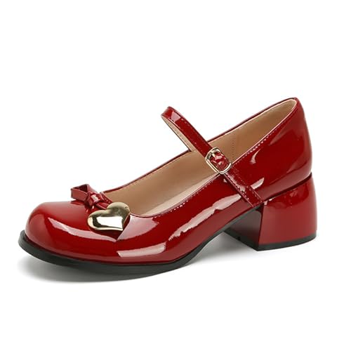 Women's Patent Leather Metal Heart Closed Round Toe Low Block Heels Mary Janes Fashion Comfortable Office Work Dress Mary Jane Pumps