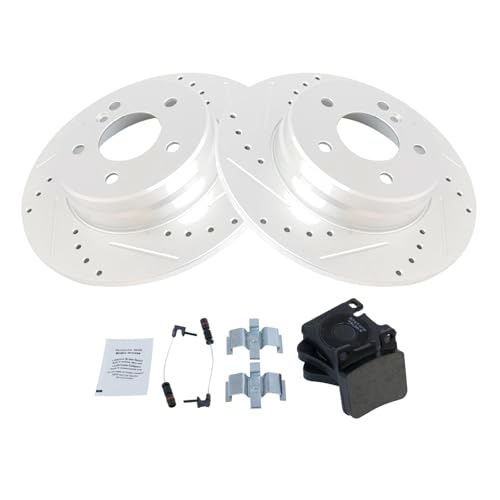 Image of TRQ Performance Rear Brake Pad and Rotor Set Ceramic Coated Drilled Slotted Compatible with 1996-1997 Mercedes-Benz C36 AMG 1998-1999 CLK320 1999 CLK430 E300 1996-2002 E320 1997 E420 1998-2002 E430
