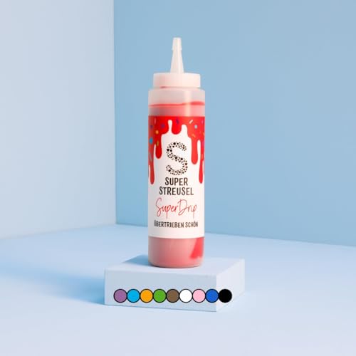Super Streusel SuperDrip Rot - Kuchenglasur Schoko Tortenglasur essbar für Drip Cakes Muffins Cookies Plätzchen Schokoglasur Icing Zuckerschrift Cake Drip Tube (300g Flasche)
