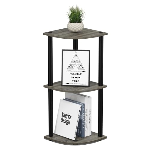 Image of Furinno Turn-N-Tube Toolless Assembly 3-Tier Storage Shelves, French Oak | Grey Corner Shelf, Open Storage Book Shelf, for Organization and Storage, Living Room, Home Office, Bedroom