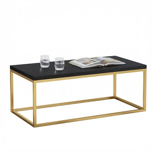 CENSI 40' Black and Gold Coffee Table for Living Room, Modern Cocktail Table with Brass Metal Legs, Rectangle Faux Oak Wood Center Table, Extra Thick Top, Luxury Glam Style