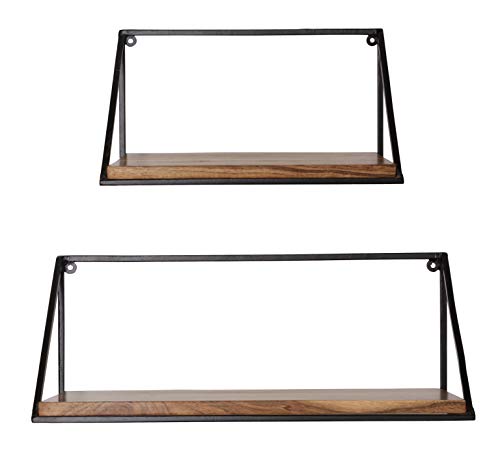 Image of Wooden Wall Mount Iron Storage /Outdoor /Garden Shelf (Acacia Wood, Natural Finish, Big & Medium)