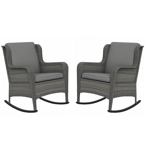 Outsunny Outdoor Wicker Rocking Chair Set of 2 with Wide Seat, Thick Cushions, Rattan Rockers with Steel Frame, High Weight Capacity for Patio, Garden, Backyard, Gray