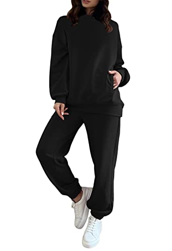 Fixmatti Two Piece Outfits for Women Hoodie Sweatsuit Long Sleeve Jogging Suit Matching Sweatpants Set Black XL