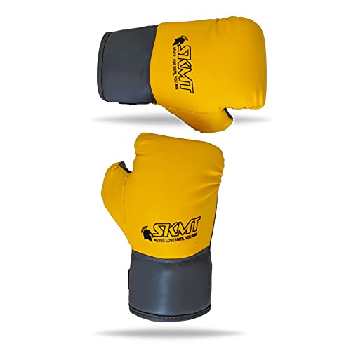 Image of SKMT Never Lose Until You Win PU Leather Boxing Gloves for Kids, Available in 2-9 & 7-14 Year Child Gloves (Yellow, 7-14 Year Child Gloves)
