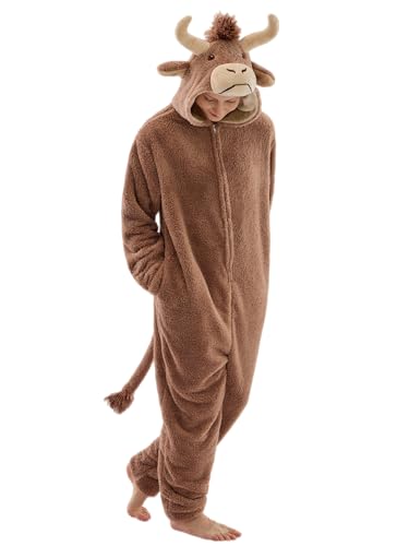 Sokliro Adult Onesie Pajamas Unisex Cow Animal One Piece Costume Halloween Cosplay Sleepwear for Women MenHighland Cow Large