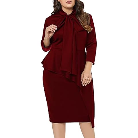 LALAGEN Women's Plus Size Long Sleeve Peplum Tie Neck Bodycon Pencil Midi Dress Wine XXXXL Cover