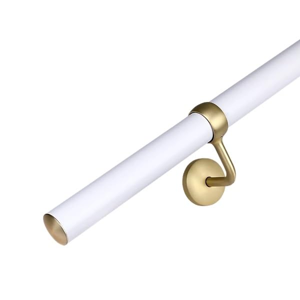 Stiley Living Matt White Stair Handrail Kit with Brass Brackets & Fittings – Stainless Steel Wall Mounted Indoor Stair Banister Rail – Modern Railing System - 2.4m