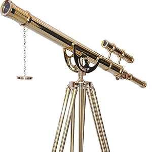 Nautical Double Barrel Shiny Brass Antique Telescope Floor Standing Wooden/Brass Stand Home Collectible Telescope Stand Brown Adjustable Tripod - Navirock